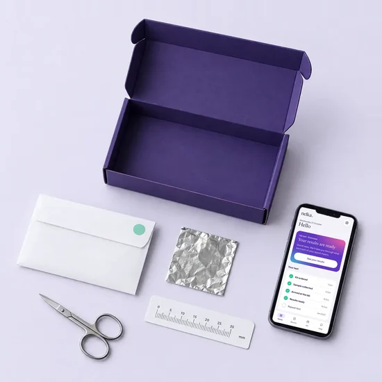 The Nelka kit: a violet box, a sample envelope, foil, small scissors, a card ruler and a phone.